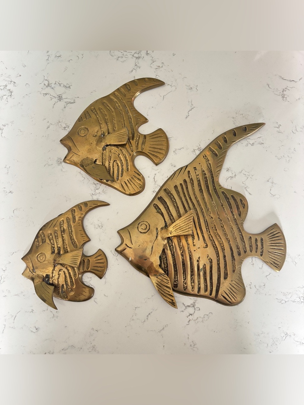 Vintage Trio of Mid Century Brass Angel Fish Wall Hangings - Nautical Decor